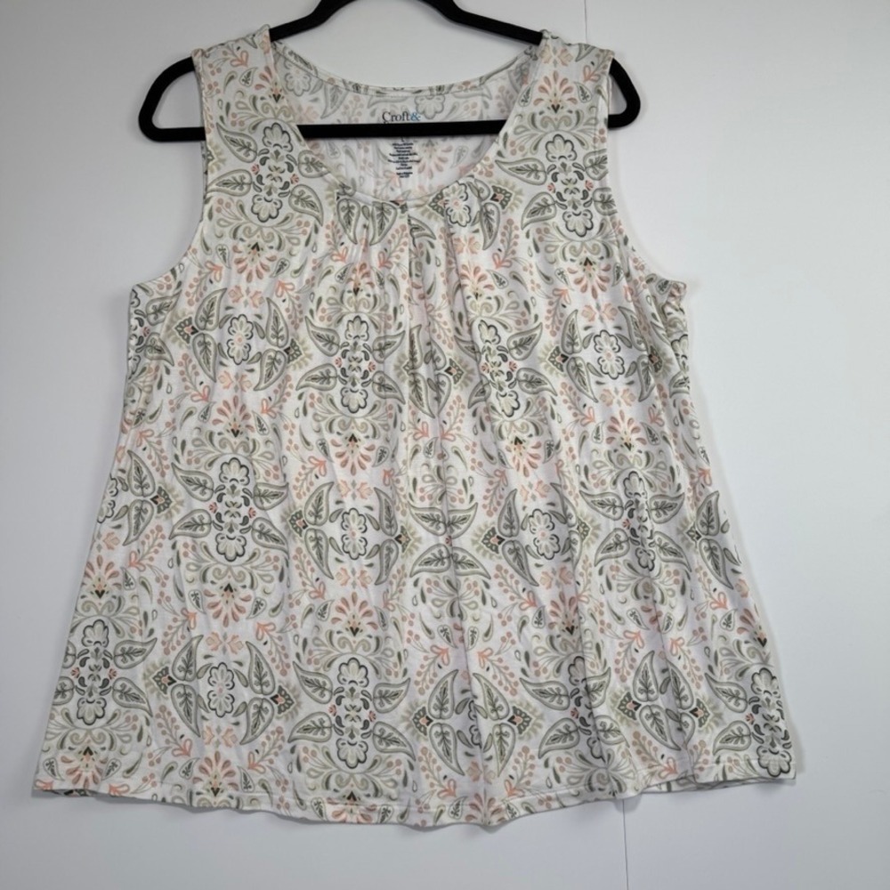 Croft & Barrow Womens Large Tank Top Sleeveless Paisley Floral Green Peach Rayon